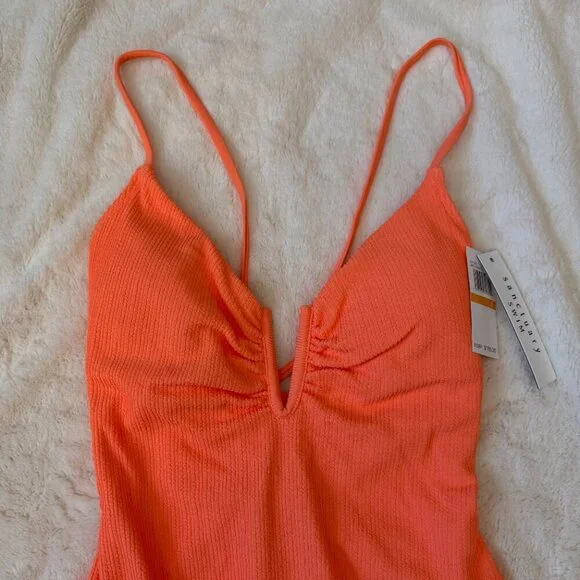 Women's S NWT Sanctuary Neon Orange Textured Stripe One Piece Swimsuit - Picture 4 of 7